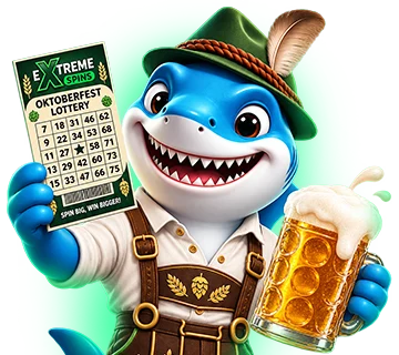 Extreme Spins shark mascot with a ticket
